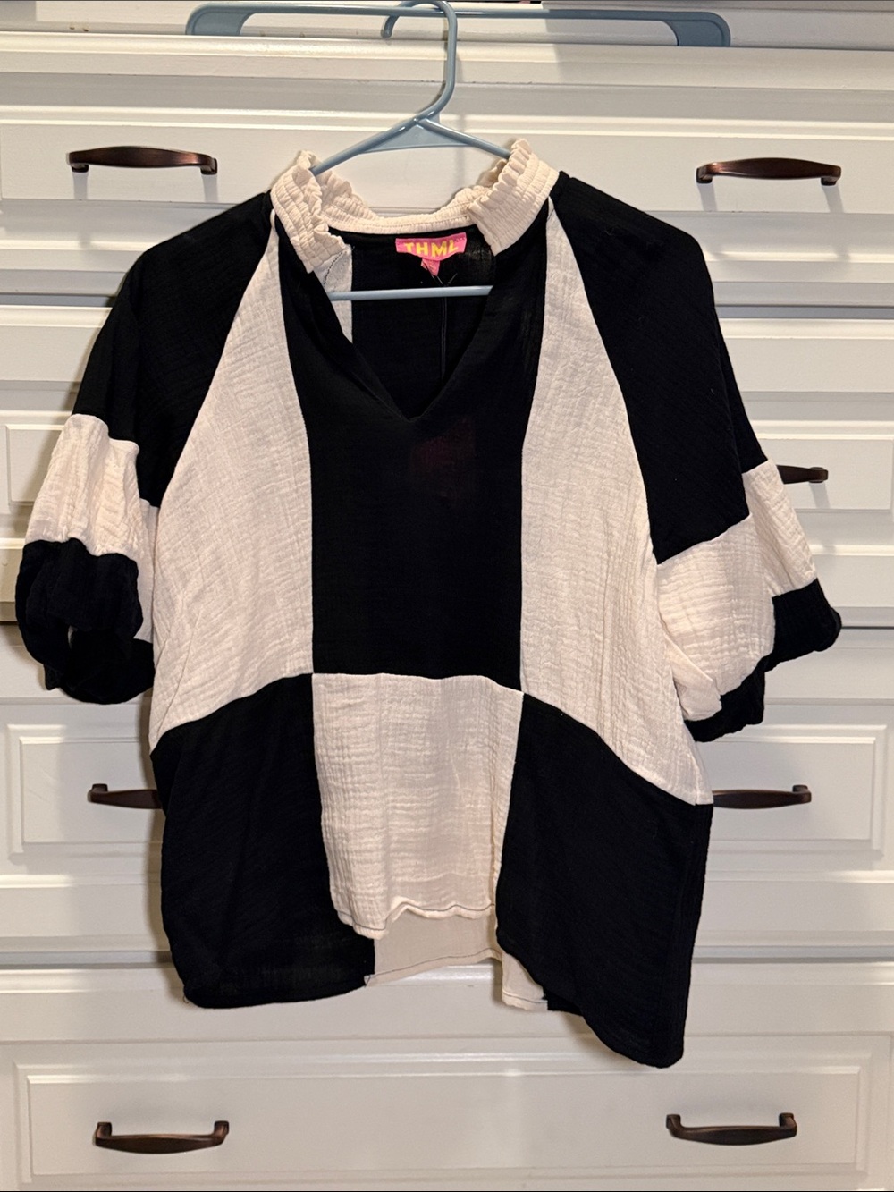 THML Black and Cream Patchwork Puff Sleeve Top